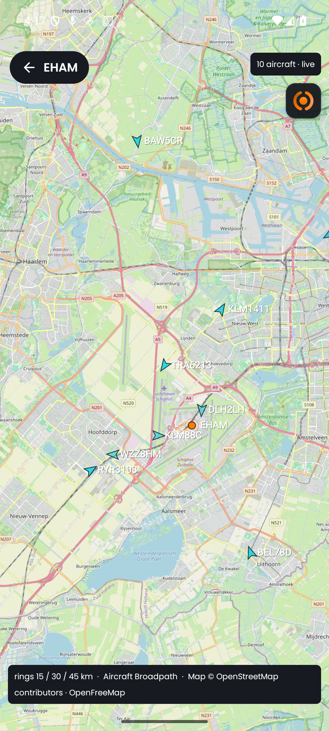 The push.tt Aviation mini app showing live aircraft around Amsterdam Schiphol on the map