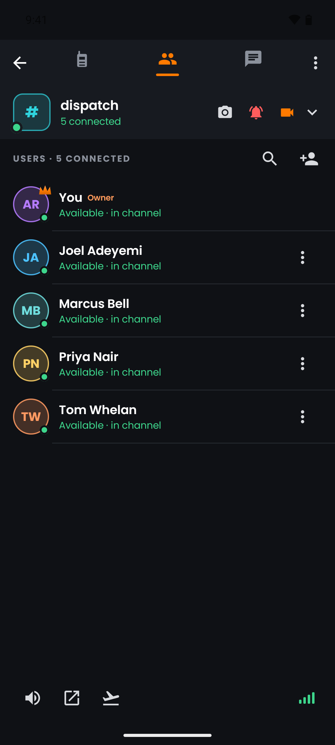 The people in the dispatch channel, each with their role and whether they are currently connected