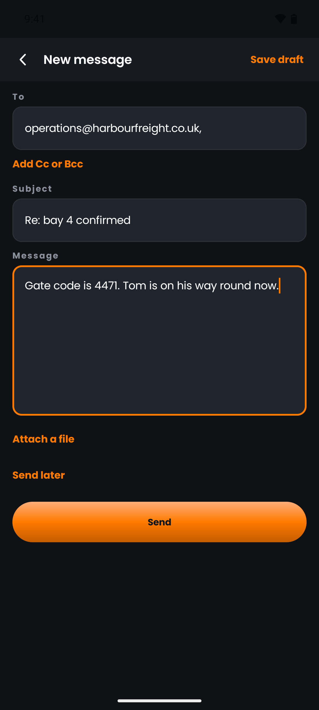 Writing a message from the handset, sent from the company domain rather than a personal account