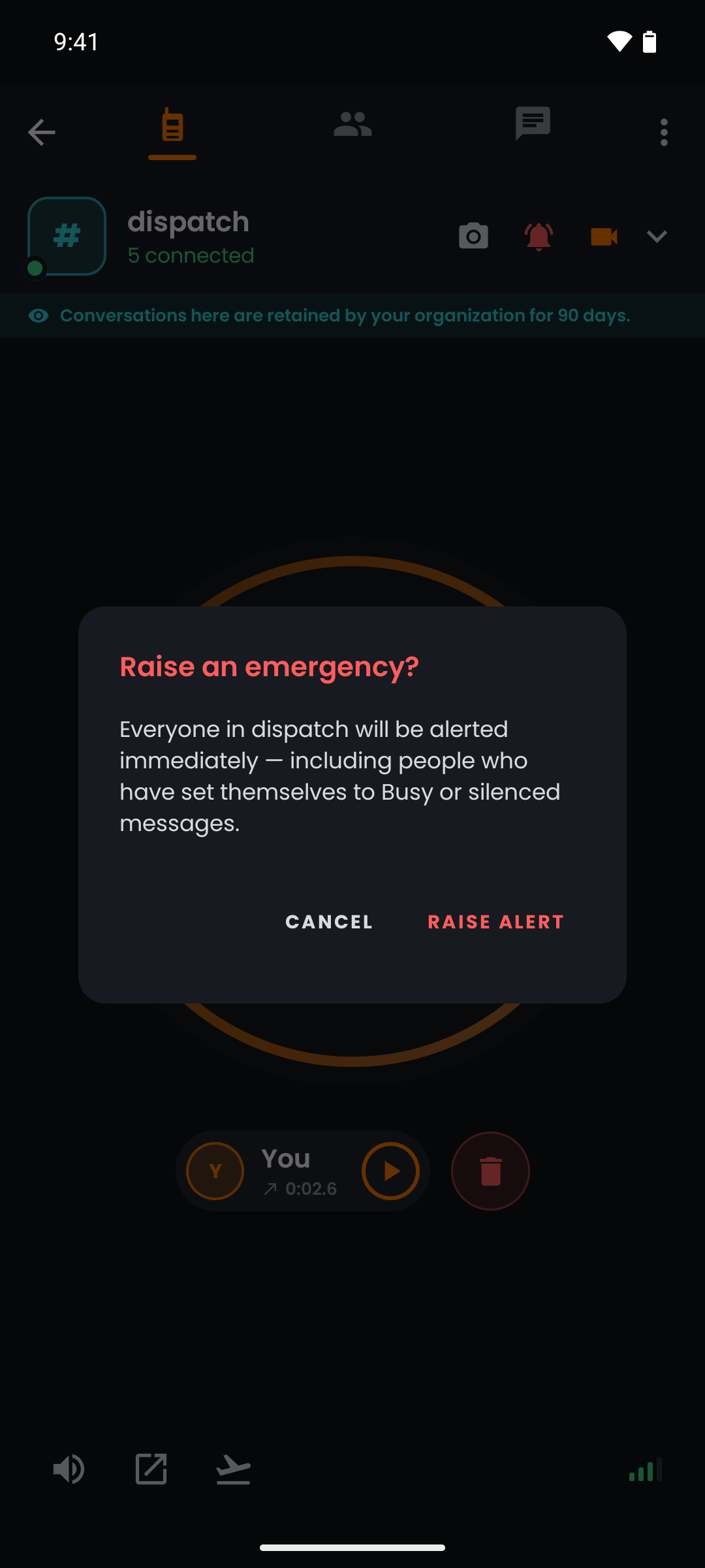 The confirmation shown before an emergency is raised, spelling out that everyone will be alerted — including people who set themselves to busy or silenced messages