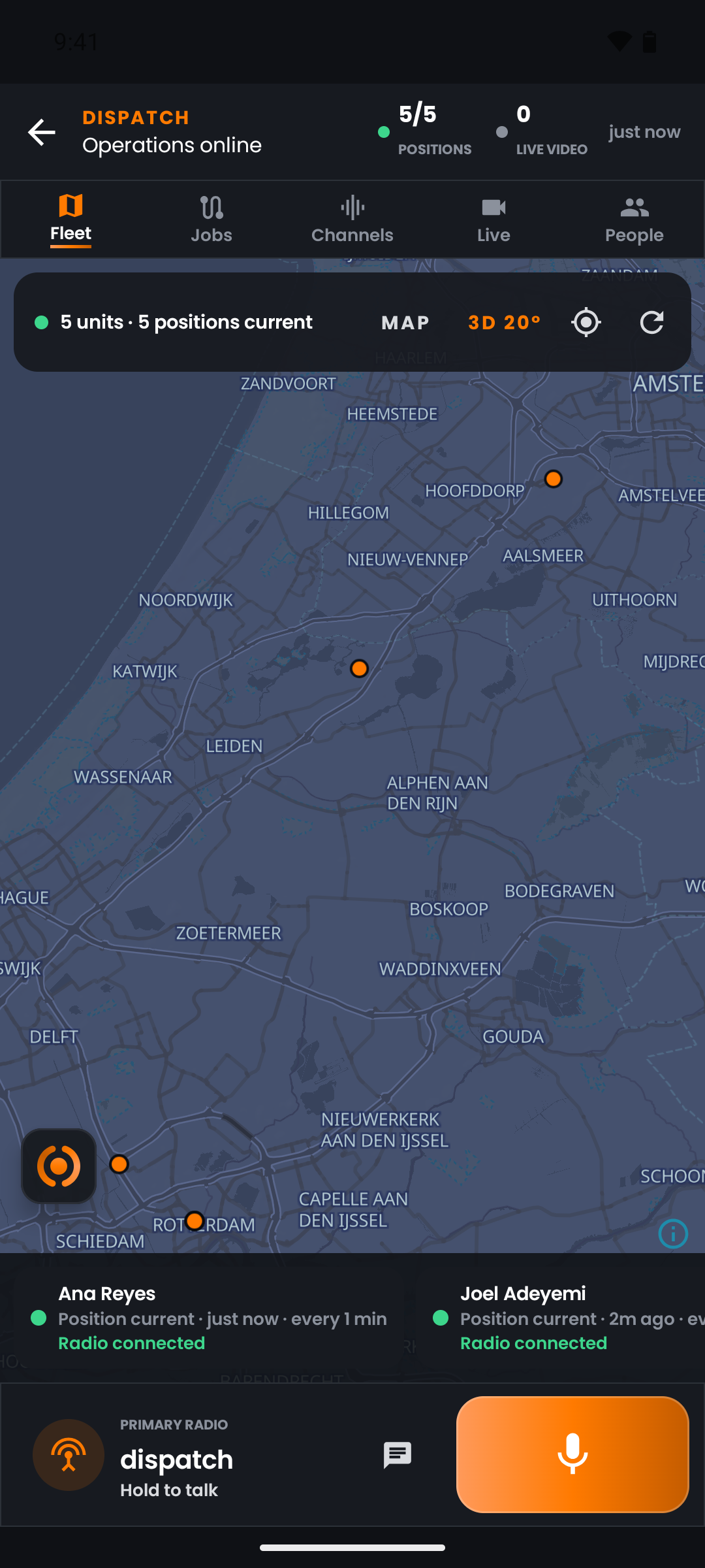 The push.tt fleet map on a handset, showing five located units around Rotterdam with a push-to-talk bar underneath