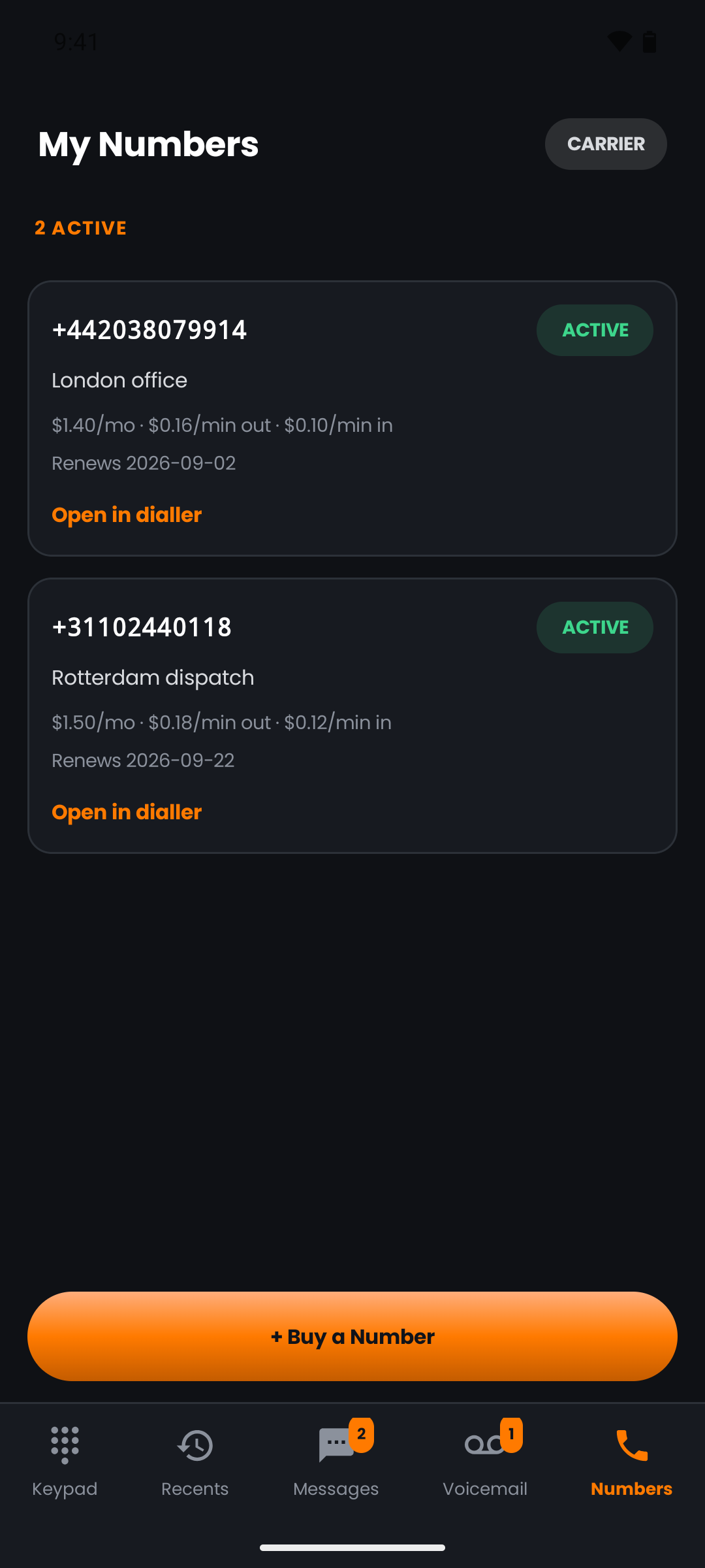 The numbers this organisation holds — a Rotterdam and a London number, each with its monthly rental, per-minute rates and renewal date