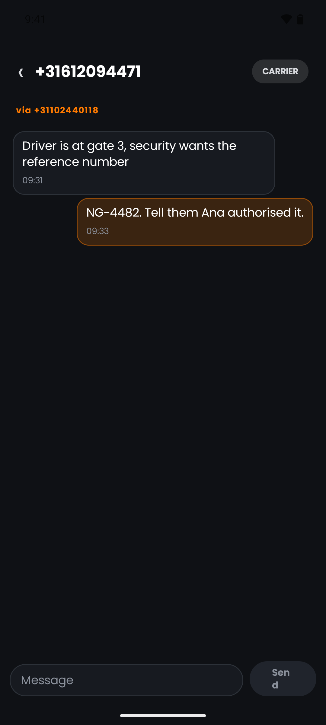 An SMS conversation on a rented number — ordinary telephony, carried by a carrier, and the app does not dress it up as encrypted