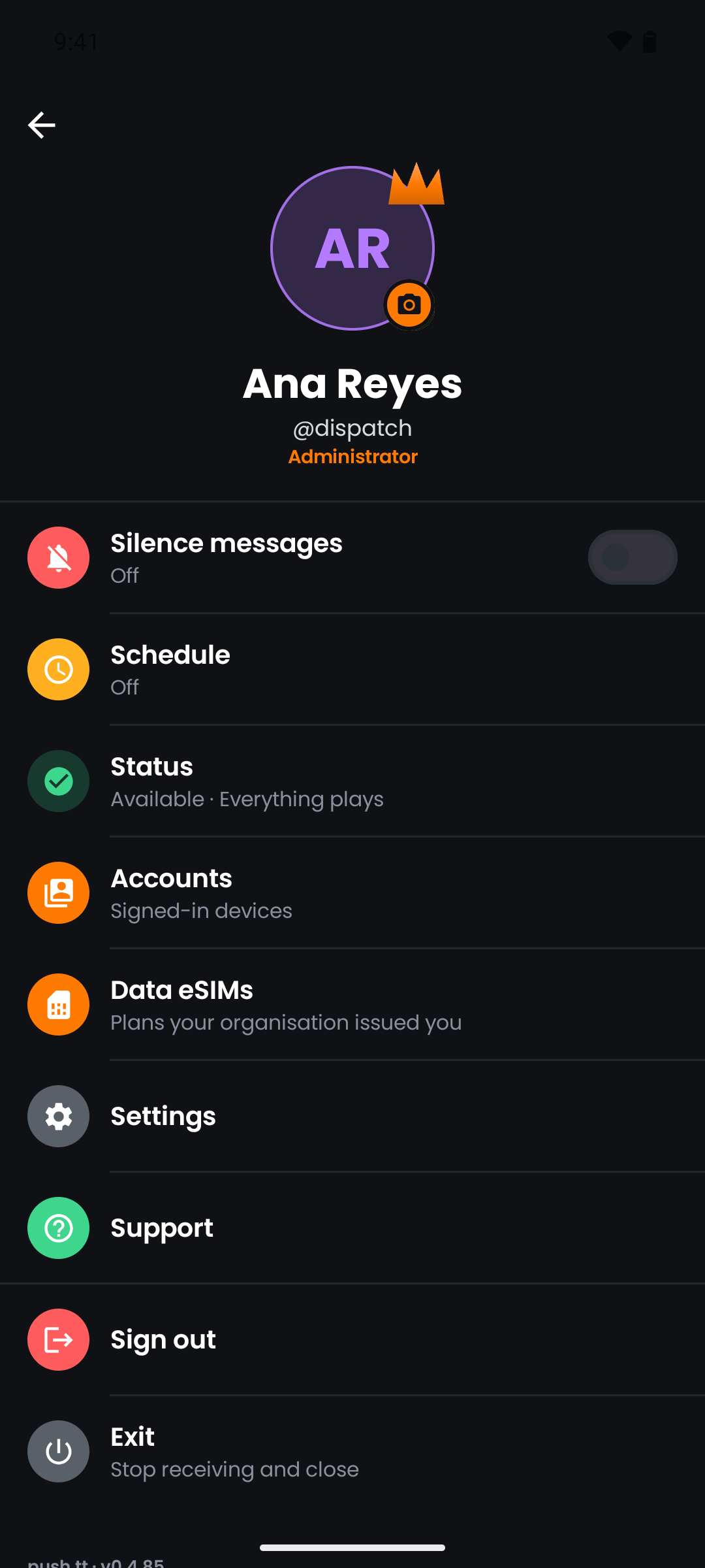 A push.tt profile, with availability, schedule, signed-in devices and issued data plans