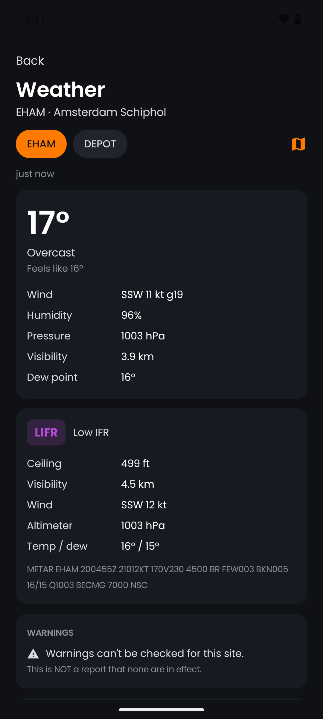 The push.tt weather app for Amsterdam Schiphol, showing current conditions, the decoded METAR and an explicit note that warnings cannot be checked for this site