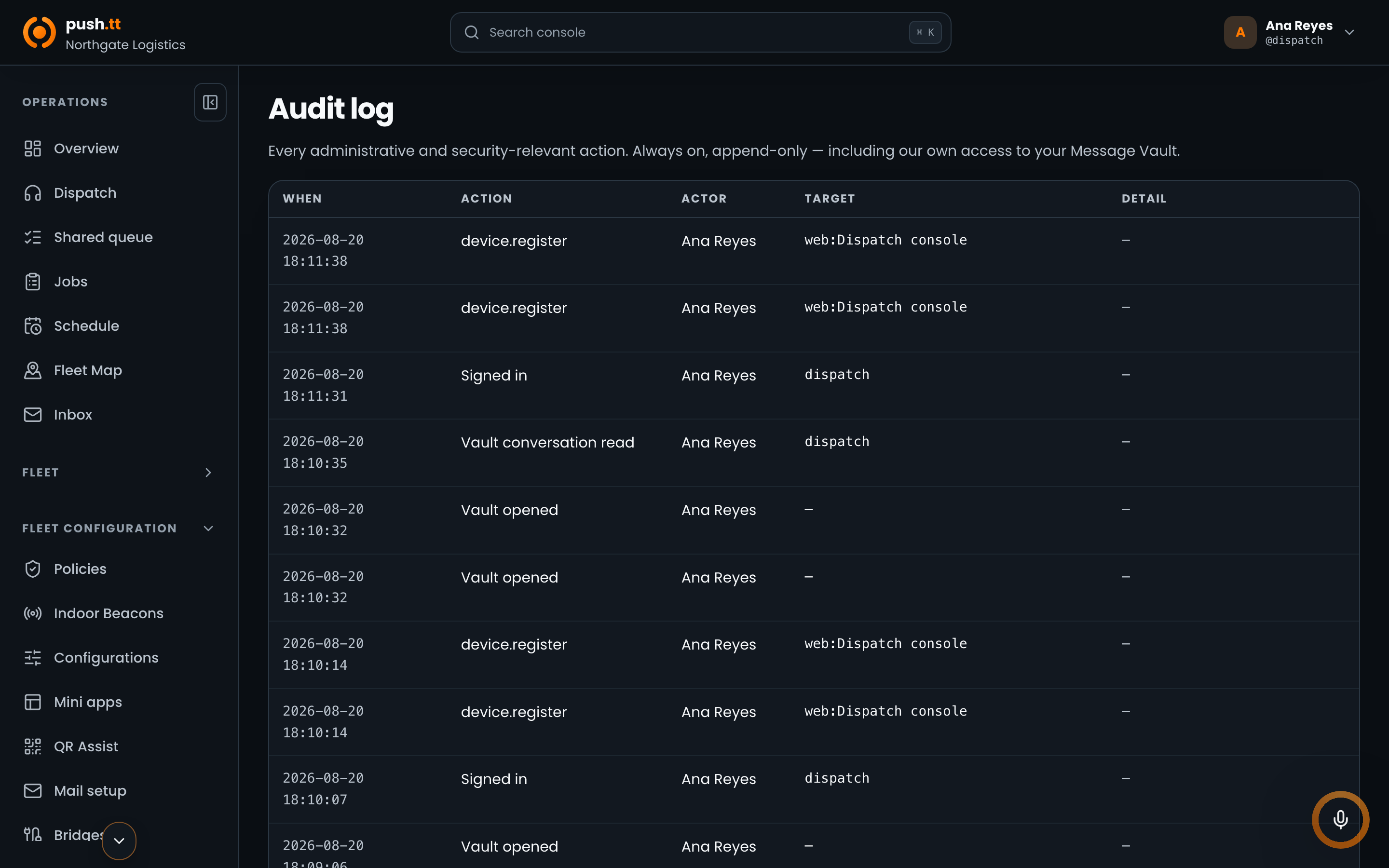 The current push.tt audit log showing administrative and access events