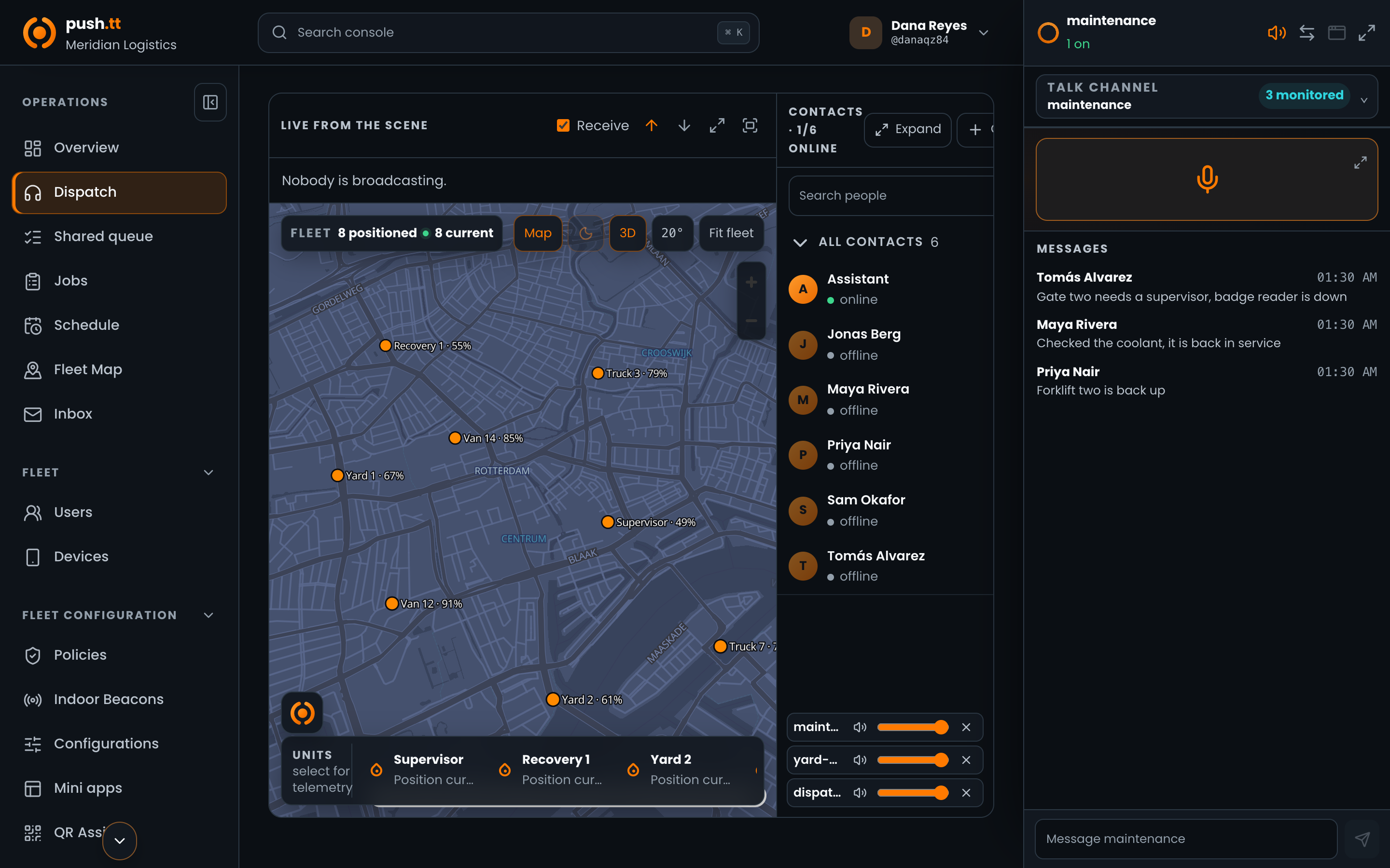 The current push.tt dispatch position with joined channels, fleet map, talk control and channel log