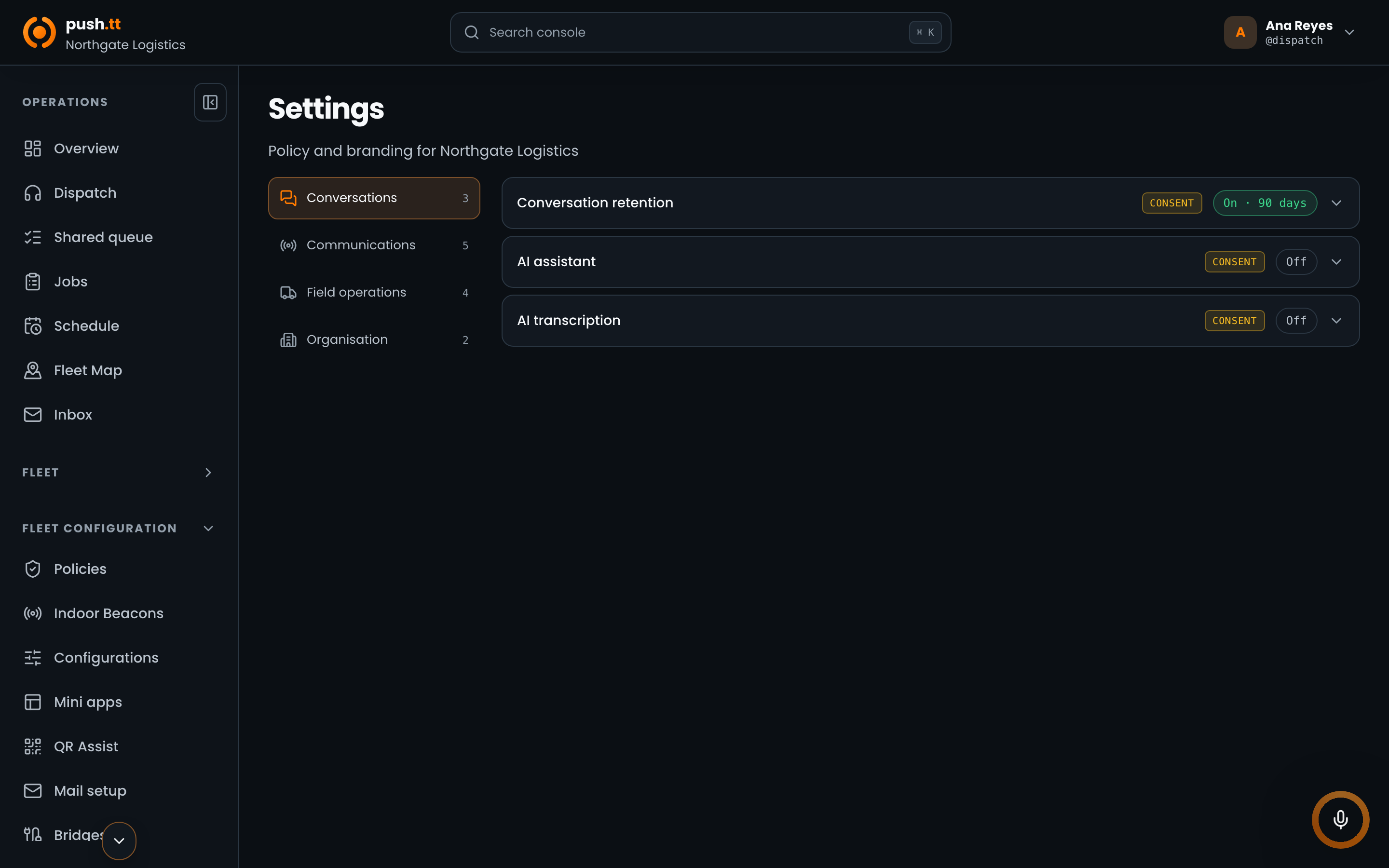 Console retention settings with window and scope