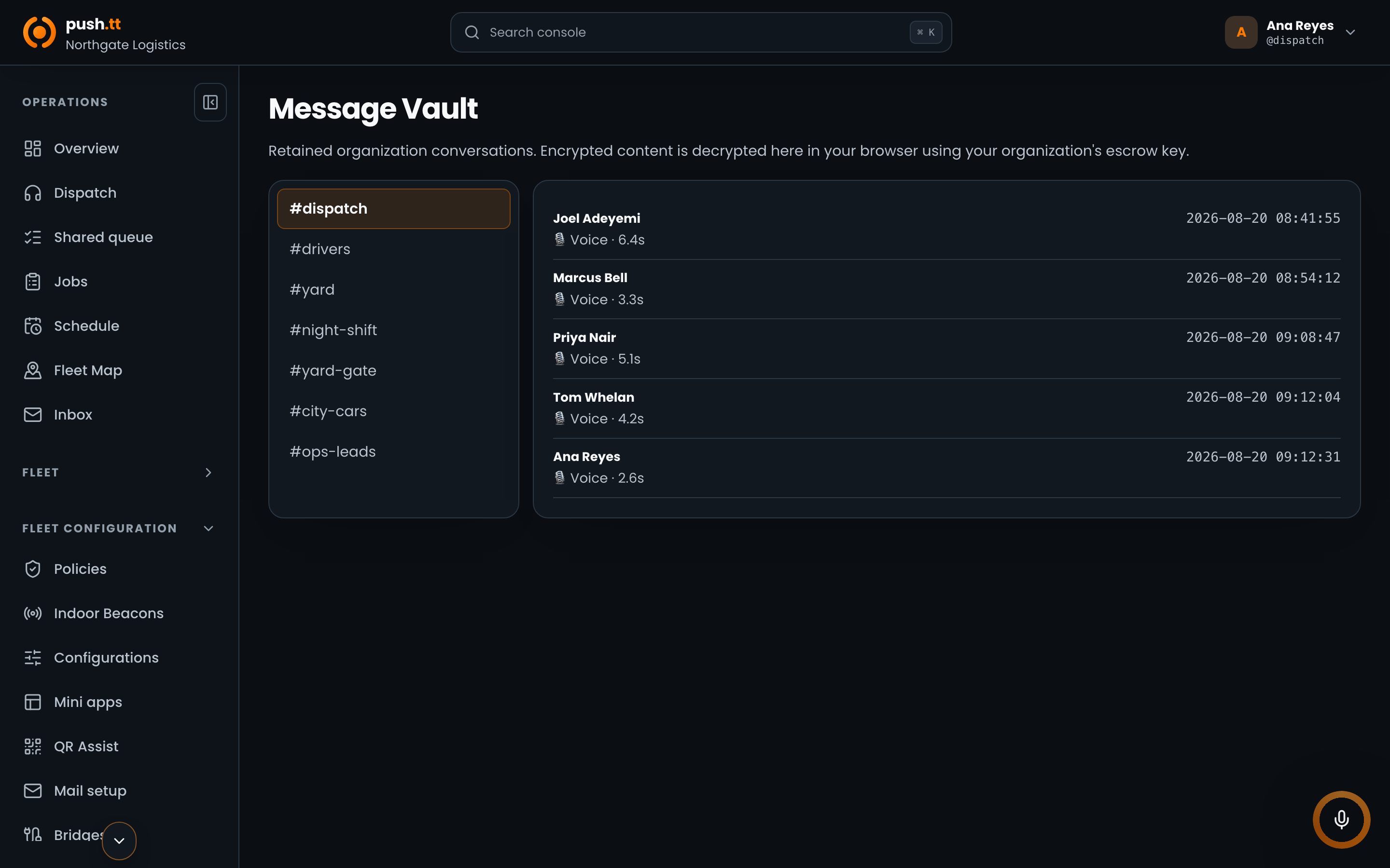 Message Vault channel list for compliance review